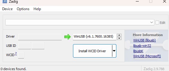 ZadigでUSB2CANのドライバ設定を変更する様子