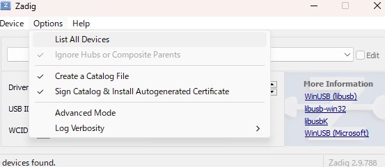 ZadigでUSB2CANのドライバ設定を変更する様子