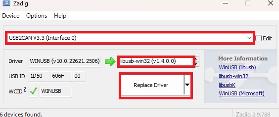 ZadigでUSB2CANのドライバ設定を変更する様子