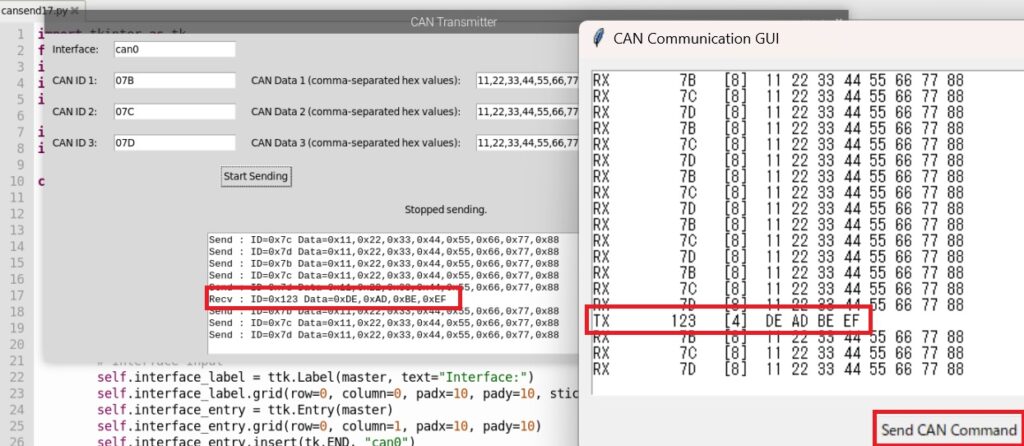 USB2CANとラズパイ間のCAN通信の様子